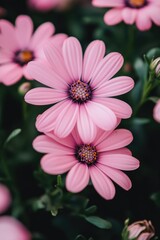 Obraz premium Vivid pink daisy against green foliage.