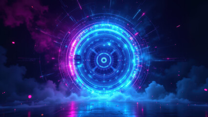 Obraz premium Cybersecurity digital art with a futuristic vibe featuring a vibrant blue circular design against a dark background, highlighting data protection and internet security concepts.