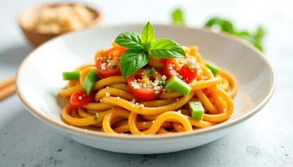 Stir-fried noodles with vegetables on white backdrop, garlic, vegetables, eat