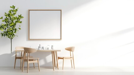 A minimalist dining area features a light wood table and chairs. A large blank canvas hangs on the wall above. Natural light creates soft shadows. The image is high-quality, digitally rendered. It