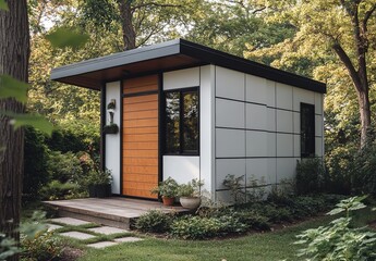 Modern white and black backyard shed with front doors and wooden step on concrete