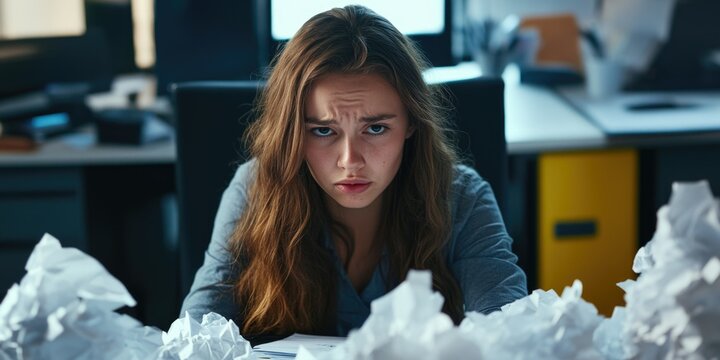 Young female executive in business setting surrounded by scattered paperwork and cluttered desk expressing frustration with furrowed brows, looking down at desk surface.