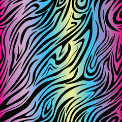Striped zebra vector pattern seamless with multicolored hologram rainbow stripes. Endless print for clothes and fabric in bright summer style. Trendy neon print of fashionable safari. © Olga Shulgina