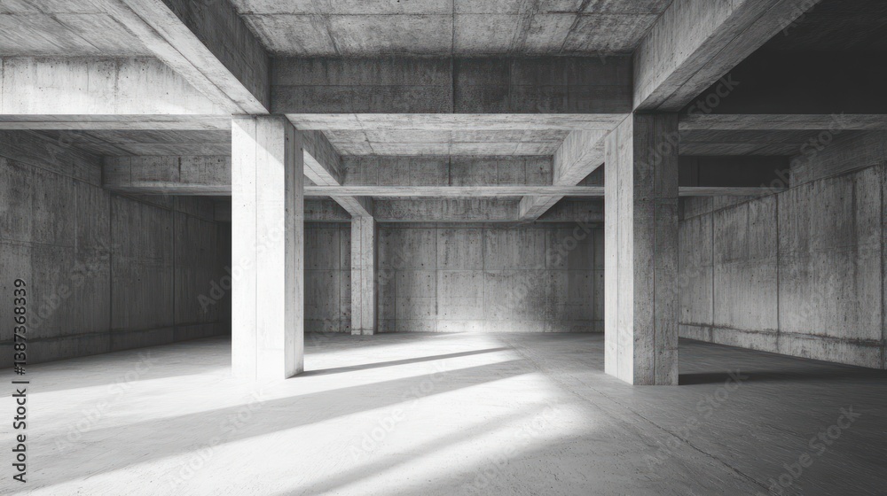 Leinwandbilder sunlit empty concrete structure with pillars and beams.