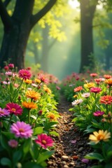 Spring garden full of blooming flowers and lush green, blooming, green, leaves