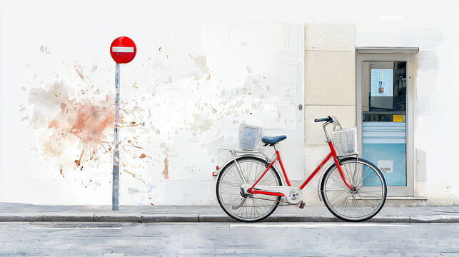 vibrant red bicycle stands against light colored wall, showcasing blend of artistic splashes. scene evokes sense of urban charm and tranquility