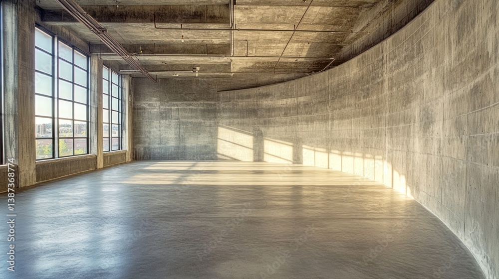 Aufkleber sunlit empty industrial loft space with large windows and curved concrete wall.
