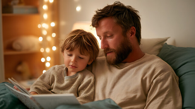  A father reading a bedtime story to his child in a warm, softly lit bedroom.