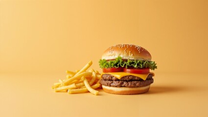 Juicy burger with golden fries on a clean solid background — close-up, crispy, cheesy, and perfect for food ads or menus.