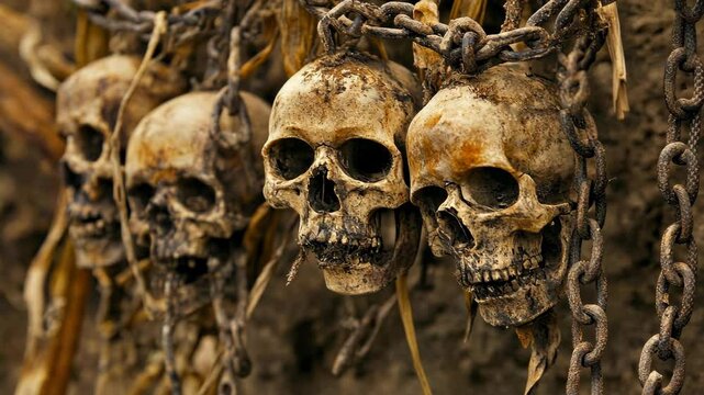 Display of skulls attached with chains in a dimly lit environment depicting a somber atmosphere