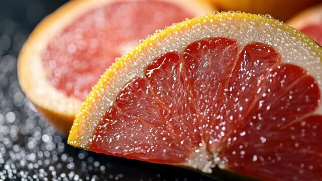 Close up juicy grapefruit slices vibrant red healthy food footage