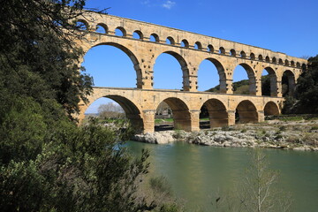 Pont du Gard, an ancient Roman aqueduct bridge crossing the Gardon river in Gard department, southern France