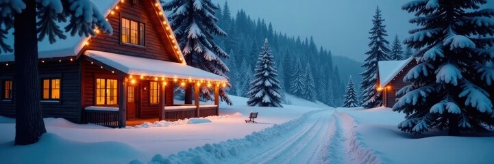 Fototapeta premium Twinkling string lights adorn a snowy landscape with tall pine trees, winter wonderland, landscape, snowy