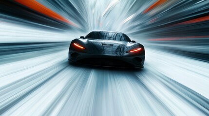Naklejka premium High-speed motion of a sleek black sports car racing through a futuristic city environment at night
