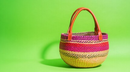 Fototapeta premium Basket with leather handles on bright lime green background, bold and centered look