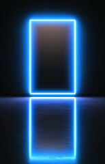 Neon Portal: A mesmerizing glow-in-the-dark blue neon light forms a rectangular portal in a dark, 