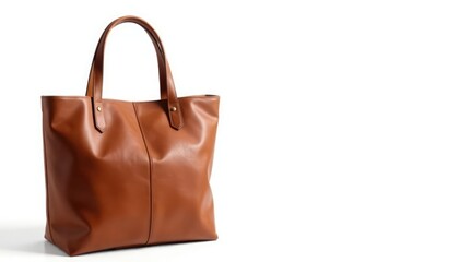 Naklejka premium Brown leather tote bag, isolated on white background , strap, closeup
