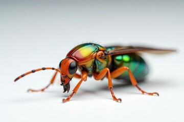 Close-up of colorful insect on pure white background, vibrant, simple