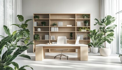 Minimalistic modern office with light wooden bookcase, white walls, desk, and potted plants