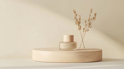 Beige cosmetic product display, minimalist, natural light