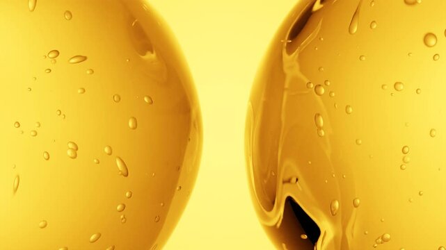 Close-Up of Two Transparent Liquid Droplets with Air Bubbles on Orange Background &ndash; 3D Abstract Seamless Loop Animation for Medical, Chemistry, and Futuristic Design Concepts