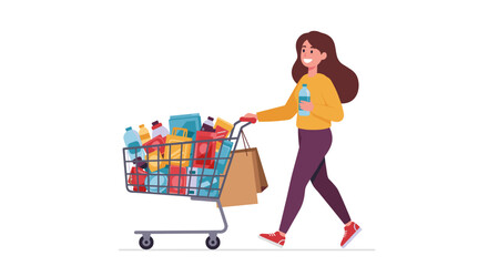 Woman joyfully shopping with a cart full of groceries in a store  