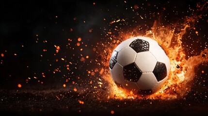 Fototapeta premium Intense Moment of a Football Striking the Ground Surrounded by Flames and Sparks