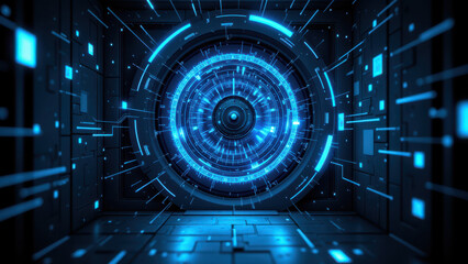 Obraz premium Futuristic interior of a cybersecurity bunker with high-tech equipment and blue glowing lights.