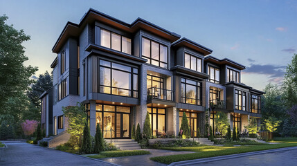 Fototapeta premium Modern townhouses with expansive glass walls and steel accents at dusk