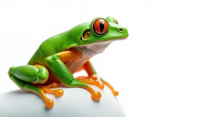 Obraz premium Green tree frog perched on white, vibrant skin, solitary, skin, glossy