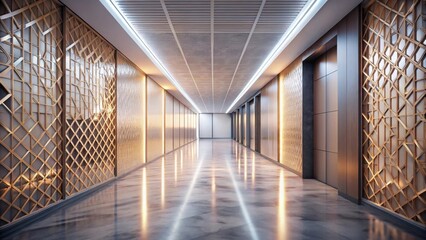 Fototapeta premium Luxurious Interior Corridor with Elegant Gold Geometric Wall Panels and Polished Floor Reflecting Soft Lighting