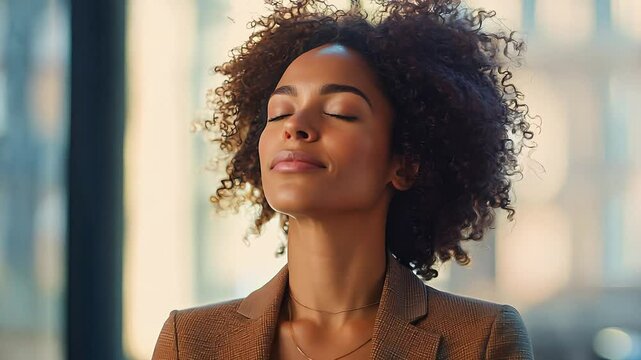 A meditative relaxed female executive practicing mindfulness at her office workspace, embracing balance and tranquility. Stress free exercise at work