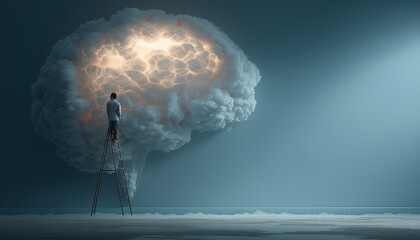 Exploring the Mind: Man on Ladder Reaching a Brain Cloud