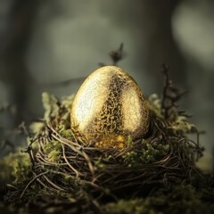Obraz premium Macro of golden egg in soft moss nest