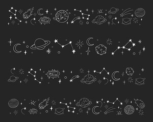 Celestial doodle chalk border, falling star blink divider. Set Hand drawn ornament with stars, planets, meteorite and moon. Space magic simple decor. © Alyona