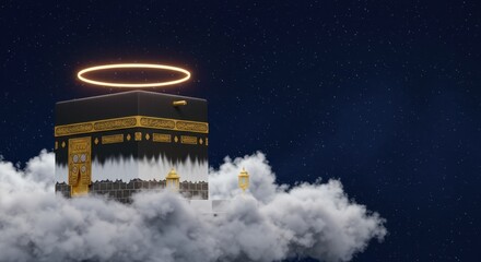 Fototapeta premium Kaaba on Clouds under Starry Night: A 3D Rendering of Islamic Holy Site