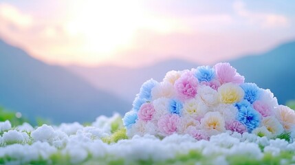 Fototapeta premium Pastel colored flower bouquet nestled on snowy mountain landscape