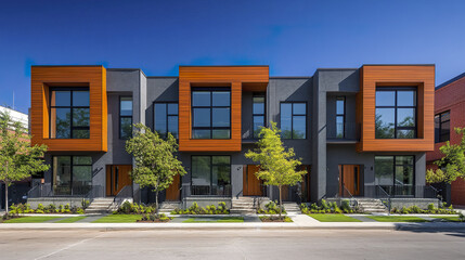Fototapeta premium Modern townhouses with bold concrete and wood exteriors