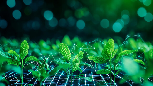 Green plants growing in digital environment, showcasing technology and nature harmony, symbolizing growth and innovation