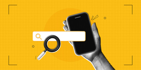 Trendy Halftone Collage Hand holds Phone with Magnifying glass and Search bar. Find information. Online hiring job. Seo marketing and promotion. Yellow poster. Contemporary vector illustration art