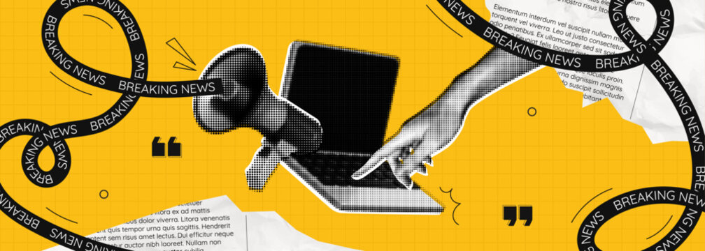 Trendy retro Halftone Collage with Megaphone, Laptop and Hand. Social media news and propaganda. Online marketing and promotion concept. Pop art design poster. Contemporary vector illustration art