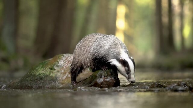 European badger is standing on a rock in a stream