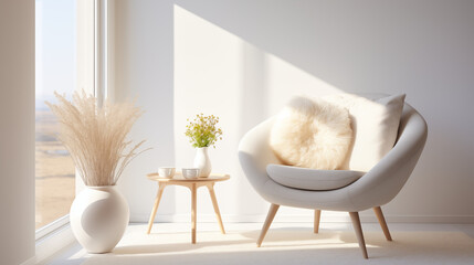 Fond d'un mur blanc en intérieur. Fauteuil moderne, design.  Ambiance claire et épurée. Arrière-plan pour conception et création graphique.