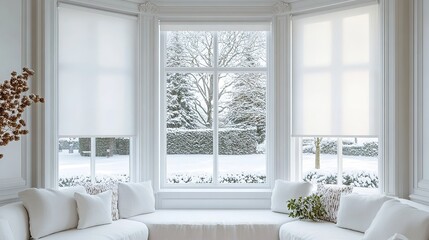 Fototapeta premium White window blinds on bay window with winter scene outside