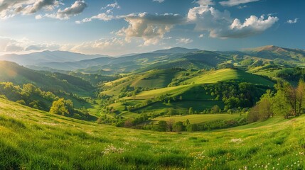 Panorama of rolling hills and grassy meadows in rural romanian mountains
