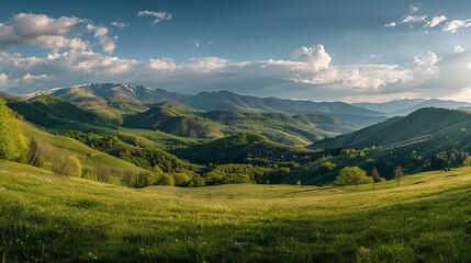 Panorama of rolling hills and grassy meadows in rural romanian mountains