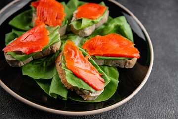 Salmon sandwich red fish seafood appetizer dish fresh tasty gourmet food background on table rustic food top view copy space 