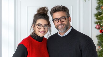 A high-resolution photo shows a smiling couple. The woman wears a red sweater and glasses the man wears a black sweater and glasses. Theyre posed closely, against a blurred white background with a p