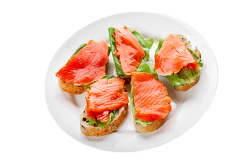 Salmon sandwich red fish seafood appetizer dish fresh tasty gourmet food background on table rustic food top view copy space 