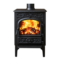 A black cast iron wood burning stove with an ornate isolated on transparent background